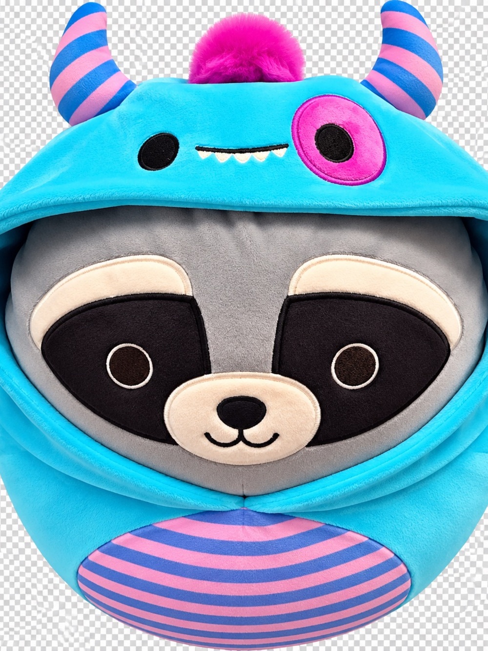 Rocky Plush Raccoon in Blue Hood with Pink Accents Squishdate 9-19-22